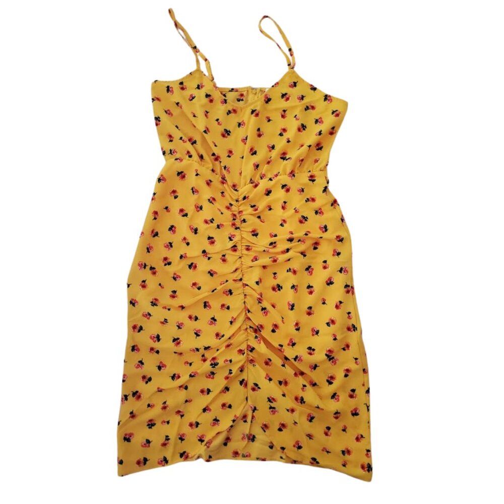 Women's Ruched Front Mini V-Neck Yellow w/ Floral Pattern Dress Small NWT - Picture 2 of 10